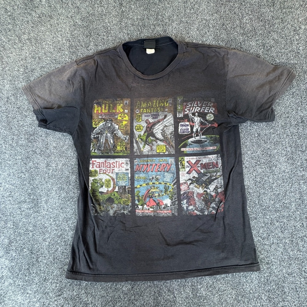 Vintage Mad Engine Marvel T-Shirt Mens Large Black Comics Collage Graphic Cotton